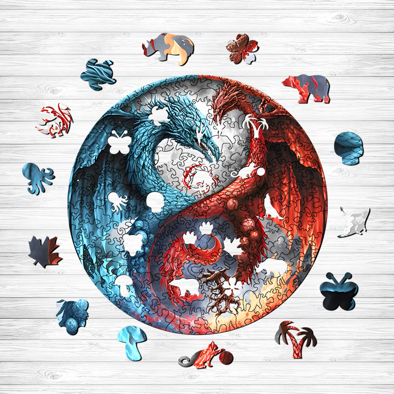 Red and Blue Dragon Yin Yang Wooden Jigsaw Puzzle - aimpuzzle